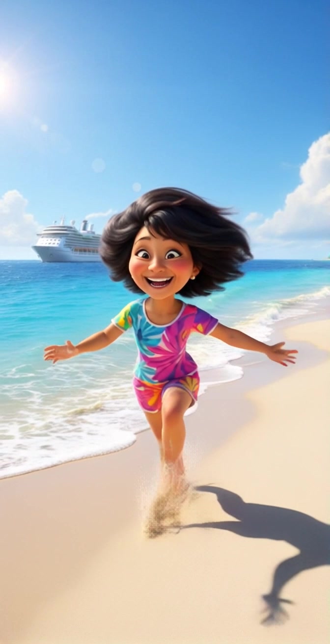 Subject: A joyful young girl running barefoot on a sunny beach. Subject movement: She dashes playfully along the shore, laughter echoing as the waves lap at her feet. Scene: Bright sunny beach with a large cruise ship anchored in the ocean behind her, vibrant colors reflecting in the sand. Style: Sunny, bright lighting with a lively atmosphere. Motion: The camera follows her with a handheld tracking shot, capturing her joyous expression as she runs, while the ocean breeze rustles through her hair.