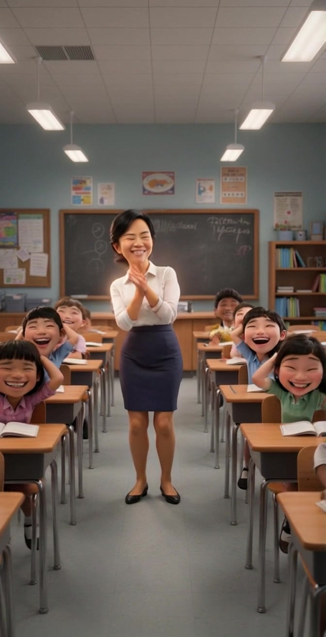 Scene: A joyful classroom filled with energetic students seated at desks, laughter and excitement filling the air. Style: Bright, natural lighting illuminating the vibrant classroom decorations, creating a warm and inviting atmosphere. Motion: The camera performs a smooth dolly-in towards the smiling teacher as she engages with the students, capturing their expressions of joy and enthusiasm.
