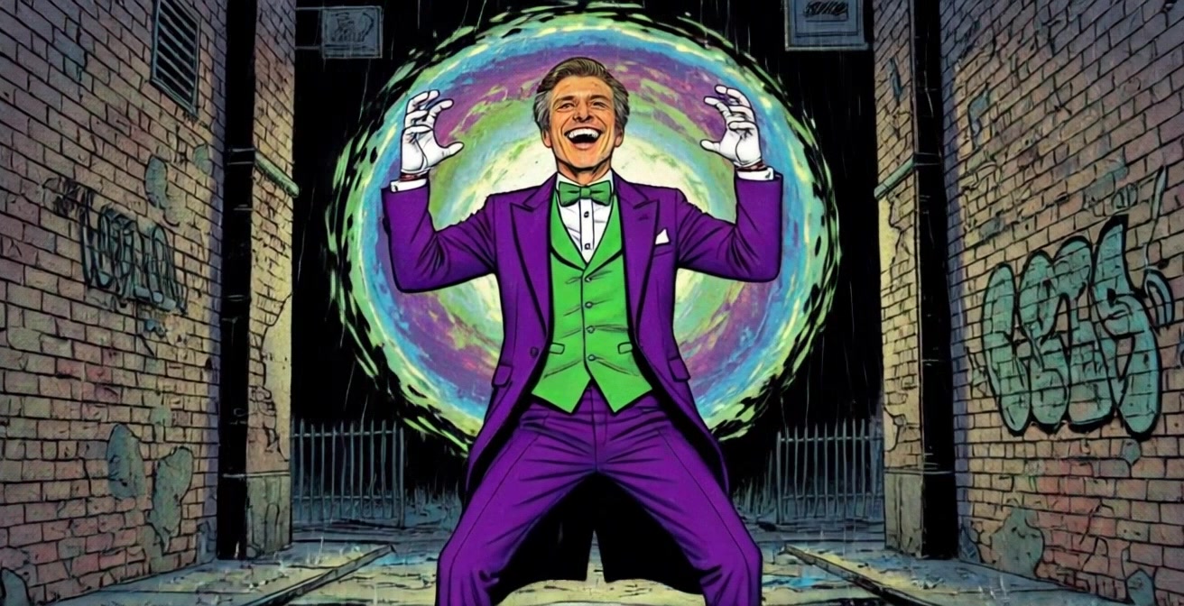 Subject: A man in a purple suit with a green vest and bow tie. Subject movement: He stands in a rainy alley, smiling widely and enthusiastically gesturing with his hands toward a glowing, colorful circular portal behind him. Scene: Urban alley with graffiti on brick walls, illuminated by alternating flashes of light from the portal. Style: Soft, ambient lighting with glistening raindrops capturing the colors from the portal. Motion: A slow push in toward the man as the camera smoothly circles around him, enhancing the vibrant atmosphere.