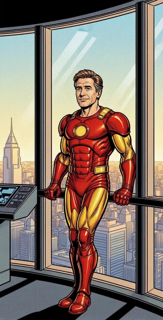 Subject: A man in a vibrant red and gold Iron Man suit. Subject movement: He stands confidently, surveying the view of the city skyline outside. Scene: Inside a high-rise building with large windows displaying a dramatic sunset backdrop. Style: Warm sunset lighting creates a rich ambiance, enhancing the hues of the suit and the cityscape. Motion: Begin with a close-up of the man in the suit, then slowly pull back to reveal the stunning panoramic view of the skyline, transitioning smoothly to highlight the interplay of light and reflections in the glass.