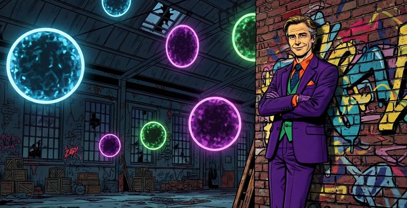 Subject: A stylish man in a vibrant purple suit, leaning casually against a graffiti-covered brick wall. Subject movement: He shifts subtly, adjusting his stance and brushing off imaginary dust from his outfit. Scene: A dimly lit warehouse filled with colorful floating glowing orbs in blue, purple, and green, creating an otherworldly ambiance. Style: Ambient lighting with dynamic shadows and highlights from the glowing orbs, creating an inviting yet edgy atmosphere. Motion: Camera slowly pushes in towards the man, capturing the intricate details of his outfit and the textures of the graffiti, while the orbs pulse gently in the background.