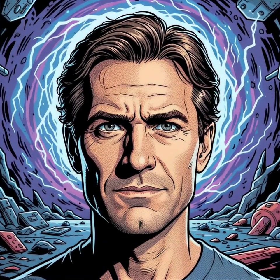 Scene: A middle-aged man with a serious expression and striking blue eyes portrayed in a detailed comic-style, set against a vibrant cosmic background filled with swirling blue and purple energy and scattered debris. Style: The cosmic landscape is alive with dynamic color shifts, creating an otherworldly ambiance. Motion: The camera gently moves in and rotates around the subject, emphasizing the dramatic energy surging in the background, enhancing the intensity of the scene.