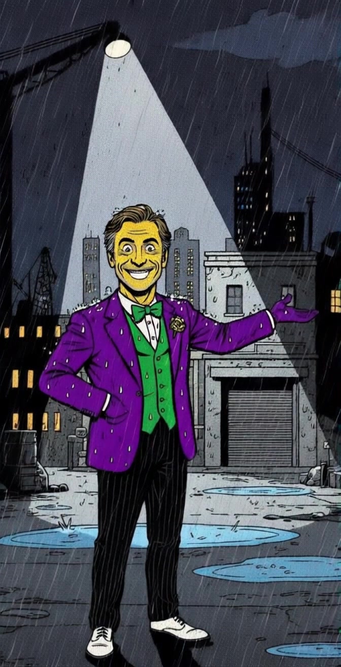 Subject: A man with yellow skin in a purple suit jacket, green vest, and bow tie. Subject movement: He stands smiling under a streetlamp, shifting his weight slightly as raindrops fall around him. Scene: A bustling urban street at night, with surrounding buildings featuring lit windows and glistening puddles reflecting the streetlamp's glow. Style: Soft, diffused lighting creating a cozy yet vibrant atmosphere amidst the rain. Motion: The camera slowly pushes in, capturing the man's delighted expression before panning out to reveal the rain-soaked street and city ambiance.