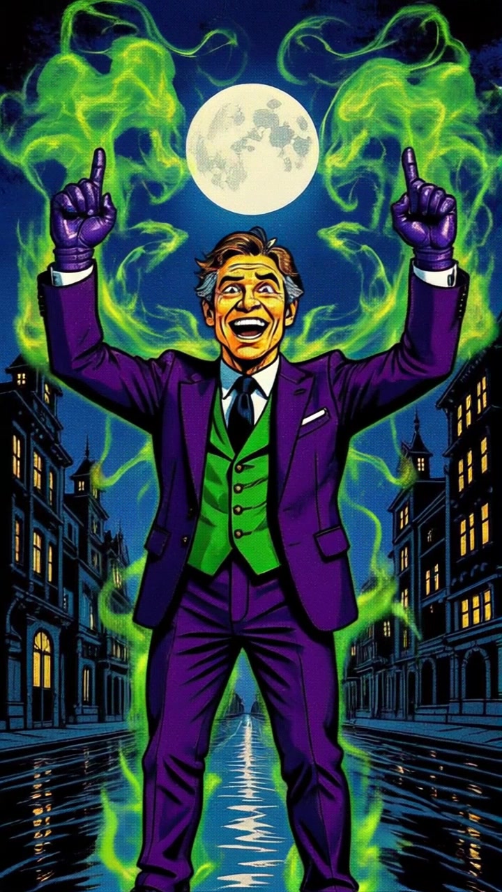 Subject: A man in a striking purple suit with a green vest, standing confidently in the bustling city street at night. Subject movement: He smiles wide, playfully pointing both index fingers up as glowing green smoke swirls around him. Scene: A vibrant urban street scene infused with glowing green smoke, illuminated by a full moon overhead. Style: Ambient lighting creates a surreal atmosphere against the darkness of night. Motion: Camera starts with a slow zoom in on the subject, capturing the dynamic glow of the smoke, then pans upwards to reveal the full moon illuminating the cityscape.