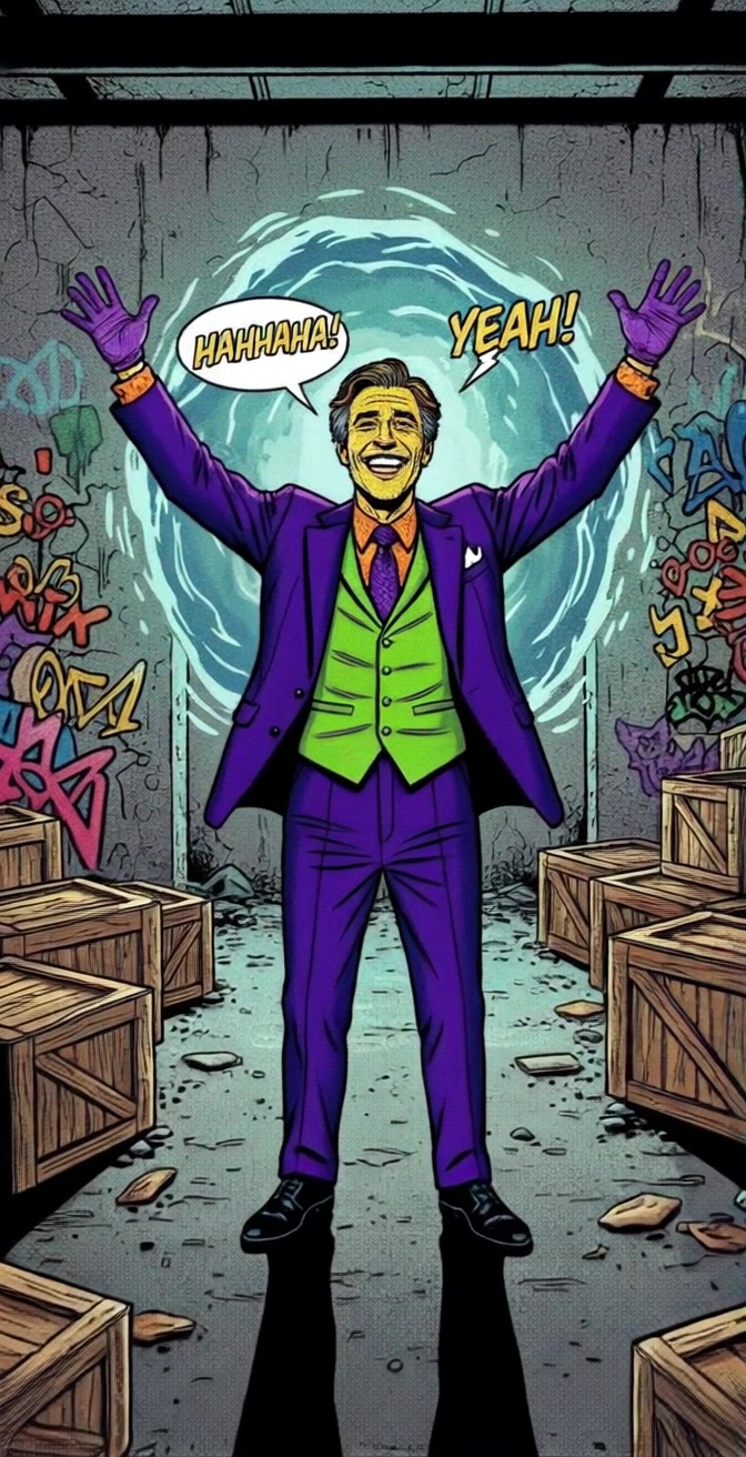 Subject: A man in a vibrant purple suit with a green vest and purple gloves. Subject movement: He stands in a dimly lit, graffiti-covered room, arms raised triumphantly while smiling broadly and joyfully shouting expressions of excitement. Scene: An urban space filled with wooden crates and colorful street art, embodying an energetic atmosphere. Lighting: Moody, low-light environment with pops of color from the graffiti. Motion: The camera moves smoothly around him, capturing the enthusiasm in his posture and expressions, with a slow zoom in to emphasize his joyful shouting.