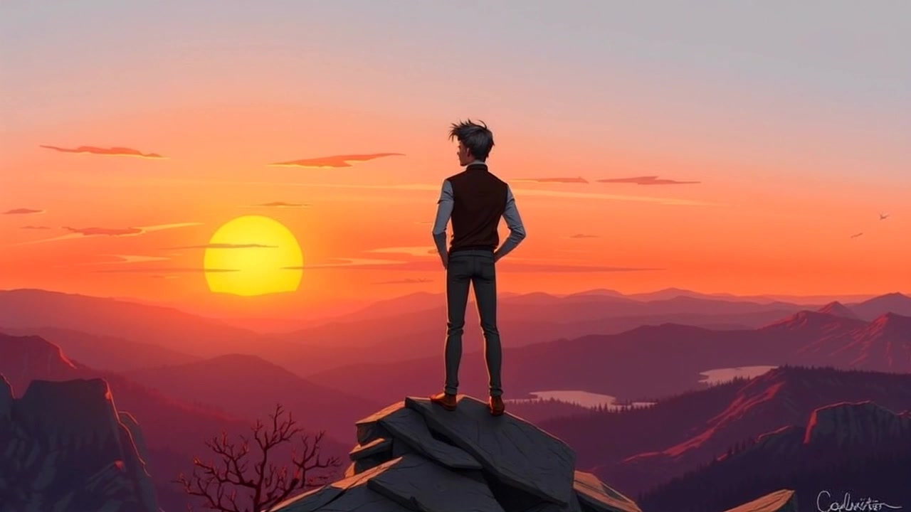 Subject: A person standing on a mountain peak. Subject movement: The figure appears still, gazing over the immense landscape as the sun rises behind. Scene: High above a vast landscape, capturing sprawling hills and valleys bathed in the warm glow of sunrise. Style: Soft, warm light accentuating the rich colors of the sky and the rugged terrain below. Motion: The camera slowly pushes in from a wide shot of the peak to a more focused view, capturing the figure in contemplation against the breathtaking backdrop.