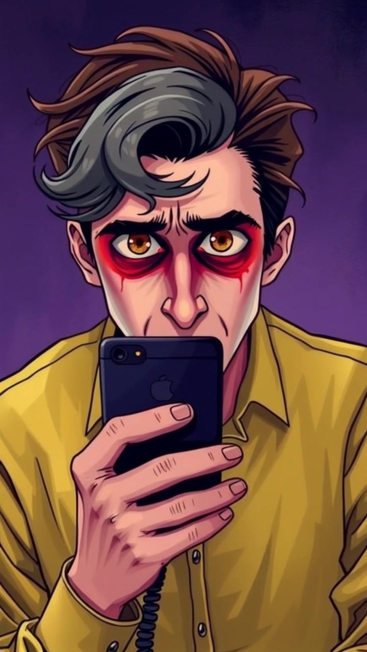 Subject: A person looking frightened, clutching a phone tightly. Subject movement: The person appears to be gasping, eyes wide in a moment of intense fear as they rapidly glance from side to side. Scene: An indoor room filled with dim, eerie light casting elongated shadows, suggesting an unsettling atmosphere. Style: Low, moody lighting creates an anxious and tense vibe. Motion: The camera performs a dramatic push-in towards the subject, tightening the focus on their expression, then quickly pans to a dark corner of the room as if responding to an unseen disturbance.
