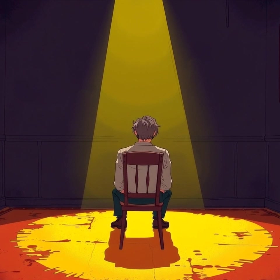 Scene: A solitary figure sitting in a dimly lit room, gazing at an empty chair across from him, creating a sense of quiet loneliness. Style: Moody lighting casts long shadows, enhancing the atmosphere of isolation. Motion: The camera slowly dolly in on the figure's contemplative expression, capturing the stillness and tension, before panning to the empty chair, accentuating the weight of absence in the space.