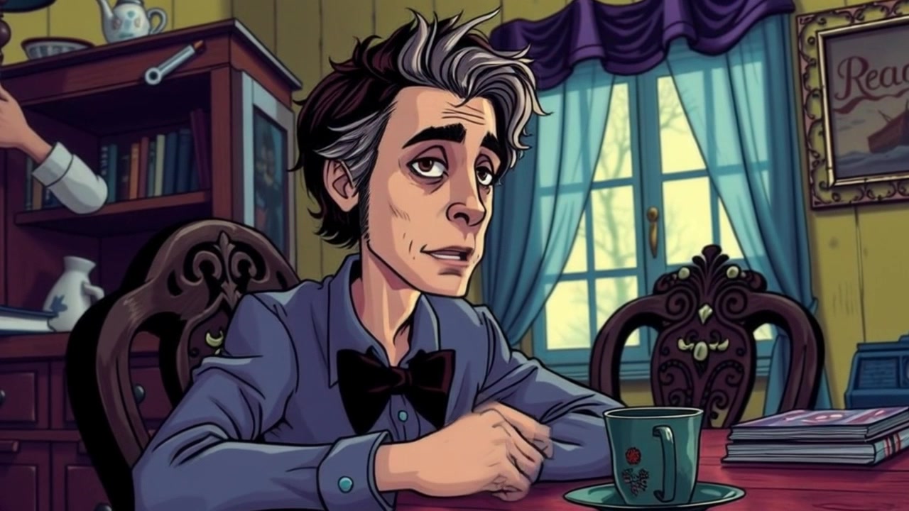 Subject: A middle-aged man sitting at a cluttered dining table with a coffee cup. Subject movement: He gestures thoughtfully with one hand while the other cradles the cup. Scene: A cozy dining area filled with stacks of papers and warm sunlight streaming through the window. Style: Soft morning light enveloping the space, creating a relaxed atmosphere. Motion: The camera gently pushes in on the man as he lifts the coffee cup to his lips, capturing his contemplative expression.