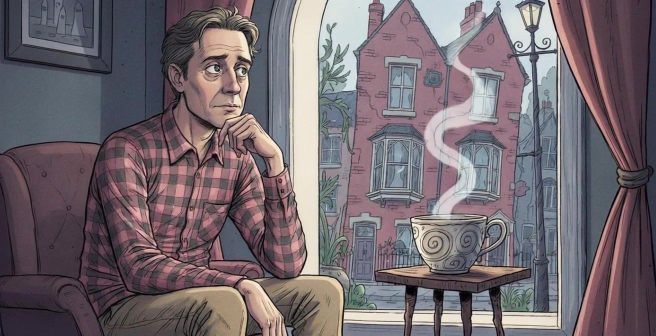 Scene: A middle-aged man with grayish hair in a red plaid shirt and beige pants seated thoughtfully in a chair by a window, a steaming cup resting on a small table in front of him. Style: Soft, warm morning light streaming through the window, casting gentle shadows and highlighting his reflective expression. Motion: Camera slowly pushes in to create an intimate closeup, capturing the steam rising from the cup and the view of red brick houses outside.