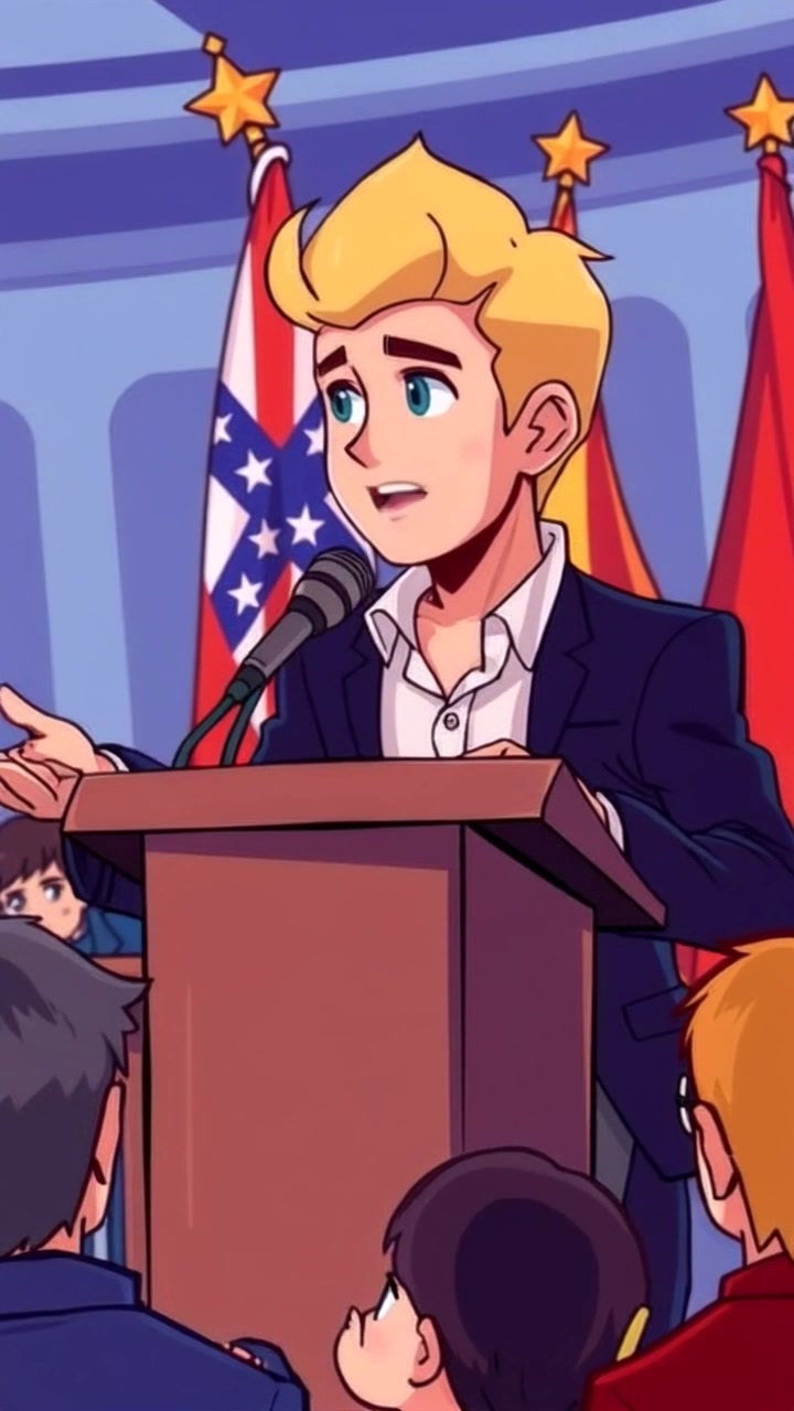 Subject: Ryan standing confidently in front of a podium, gesturing passionately while addressing the audience with flags waving in the background. Scene: A vibrant auditorium filled with an eager audience, adorned with colorful flags that represent various cultures, creating a sense of unity. Motion: The camera tracks smoothly from a wide shot that captures both the speaker and audience, then slowly pushes in for an intimate shot of Ryan as he speaks, emphasizing his expressive gestures and earnestness.