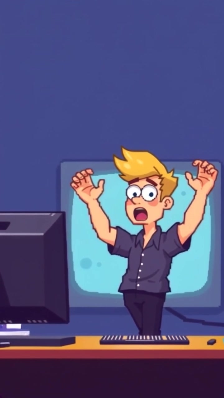 Subject: A person looking surprised with hands raised in confusion. Subject movement: The figure expresses surprise, momentarily frozen while processing information. Scene: A modern office setting featuring a computer desk cluttered with papers and personal items. Lighting: Bright, overhead lighting highlighting the subject's expression and the workspace. Motion: The camera slowly pushes in toward the subject's face, capturing the intensity of the moment before smoothly tracking to the computer screen, emphasizing the source of confusion.