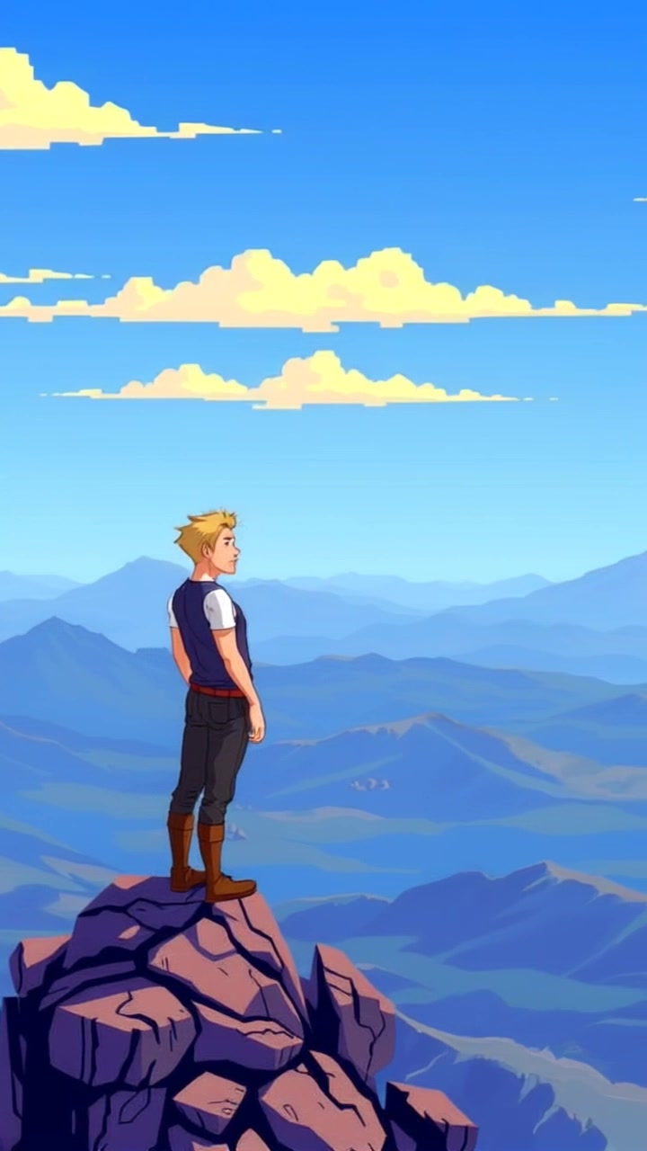 Subject: A figure confidently standing on a rock formation. Subject movement: The figure gazes thoughtfully over the vast landscape below, shifting slightly to take in the scenic view. Scene: A breathtaking vista under a clear blue sky, with rolling hills and distant mountains stretching into the horizon. Style: Bright, natural daylight illuminating the landscape and creating vivid colors. Motion: The camera starts with a medium shot of the figure, then smoothly pushes out to reveal the expansive landscape, capturing the sense of adventure and freedom.