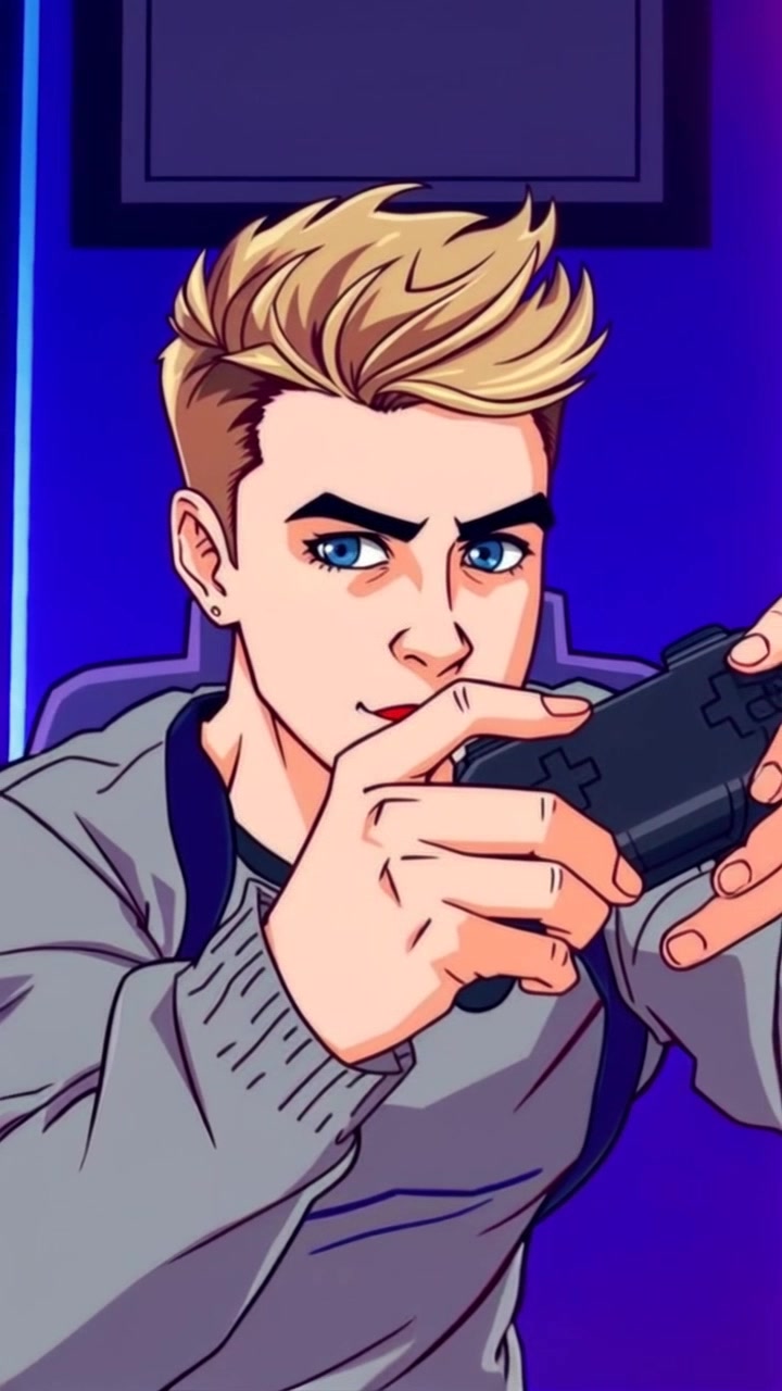 Subject: A gamer intensely focused on a video game. Subject movement: The gamer leans forward, gripping the controller tightly as he navigates a crucial moment in the game. Scene: A modern, dimly lit gaming room with LED lights illuminating the surroundings, creating a vibrant atmosphere. Lighting: Cool, ambient lighting with colorful highlights from the screen. Motion: Camera performs a dramatic push-in towards the gamer's face, capturing the determination in his eyes, before panning out slightly to reveal the exciting action on the screen.