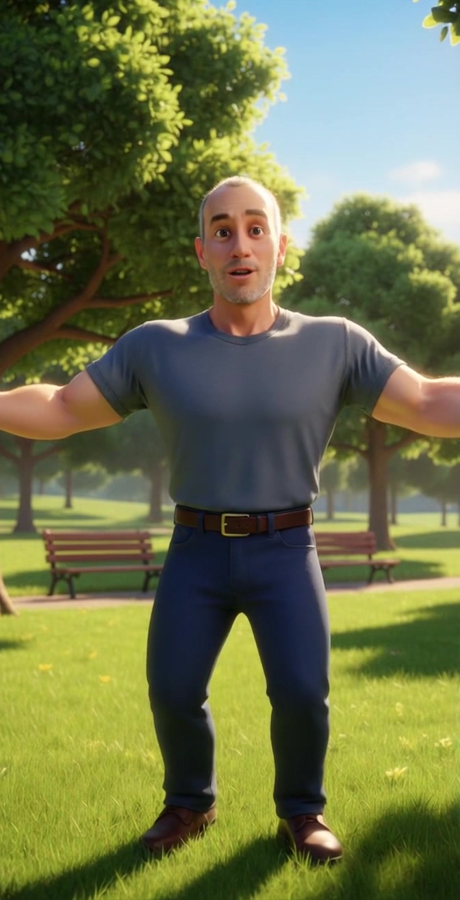 Subject: A smiling man standing outdoors in a sunny park. Subject movement: He takes a joyful step forward, arms outstretched as if inviting the viewer to join him. Scene: A vibrant park with lush green trees and benches surrounding him, sunlight filtering through the leaves. Style: Bright, sunny lighting creating a cheerful ambiance. Motion: Camera slowly pushes in towards the man as he moves, capturing his infectious smile against the picturesque park backdrop.