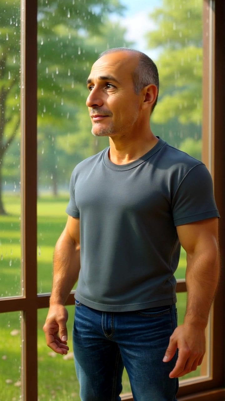 Subject: A middle-aged man standing indoors, gazing thoughtfully out of a large window. Scene: He stands in a cozy, softly lit room with rain droplets on the glass, showcasing vibrant green trees and grass outside. Motion: The camera slowly pushes in towards the man to capture the serenity of his expression, while the rain creates a gentle rhythm, adding to the reflective atmosphere. Lighting: Warm, indoor lighting contrasts with the cool, damp ambiance of the rainy day.