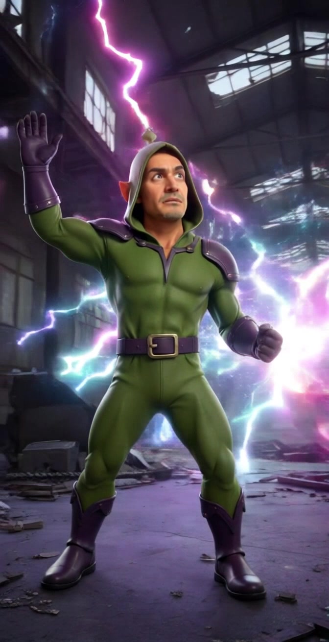 Subject: A muscular man in a green superhero costume stands powerfully in a dilapidated warehouse, surrounded by vibrant lightning bolts and colorful energy bursts. Subject movement: The superhero raises one fist towards the sky, as if channeling energy, creating an exhilarating scene. Scene: Inside an abandoned warehouse filled with debris and flickering lights, the mood is charged with intensity and anticipation. Lighting: Dramatic bursts of lightning illuminate the scene against the dark, crumbling walls. Motion: The camera dynamically circles around the superhero, capturing the electrifying atmosphere while zooming in to emphasize his determined expression.