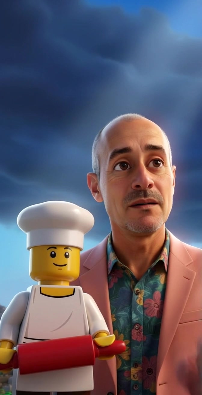 Subject: A middle-aged man with short gray hair, dressed in a floral shirt and pink blazer, stands beside a LEGO chef figure holding a red rolling pin. Subject movement: The man gestures playfully towards the LEGO figure, creating a dynamic interaction. Scene: The backdrop features dark stormy clouds that contrast with the vibrant colors of the man's attire and the cheerful appearance of the LEGO chef. Style: Dramatic lighting illuminating the subjects against the moody, tempestuous sky. Motion: The camera slowly pushes in, capturing the whimsical nature of the scene while maintaining a focus on the expressions of excitement and cheer.