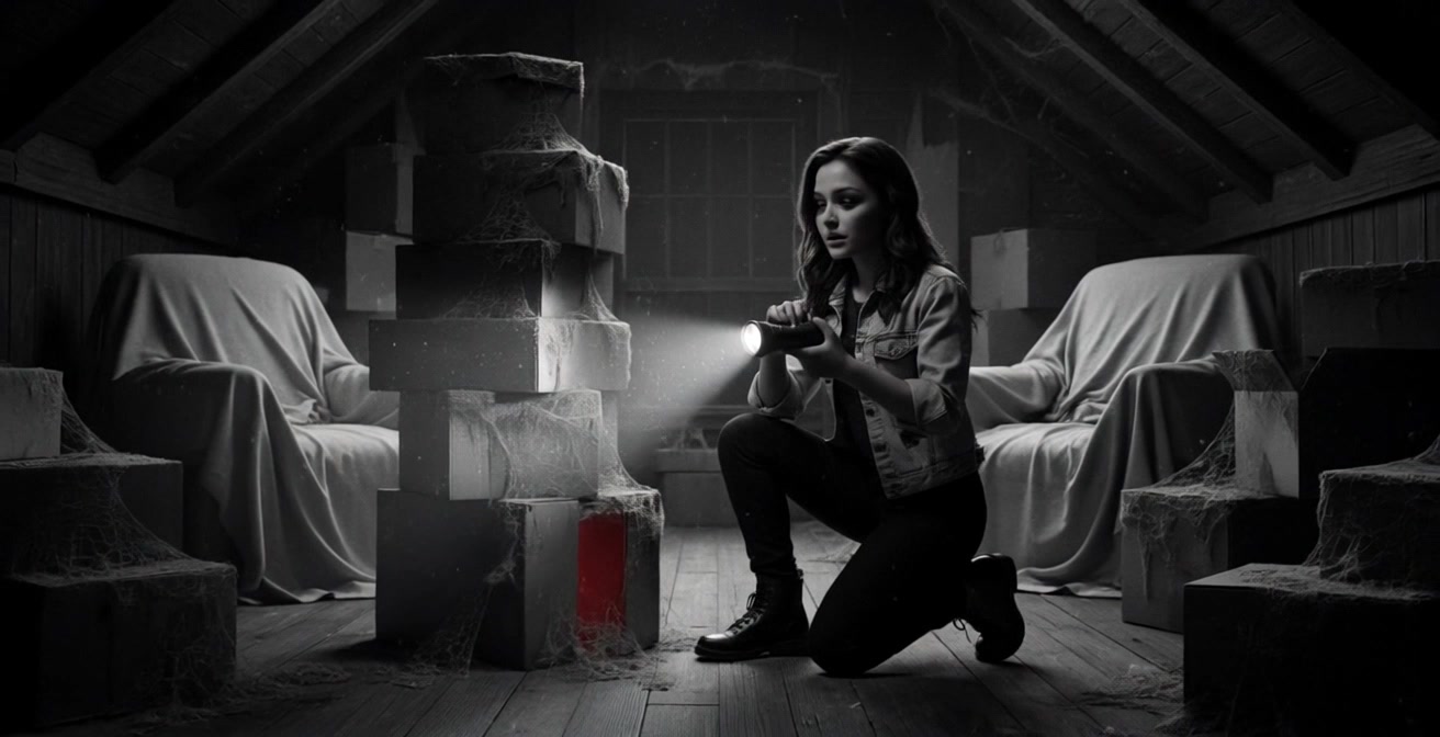 Subject: A young woman kneeling in a dark attic. Subject movement: She shines her flashlight over cobweb-covered boxes, gently moving her arm to cast light on different areas. Scene: A dim, dusty attic filled with stacked boxes and covered armchairs in the background, shrouded in shadows. Style: Low-key lighting enhances the mysterious atmosphere. Motion: The camera zooms slowly into the soft beam of light and then pans around the attic, revealing intricate details of the cobwebs and boxes.