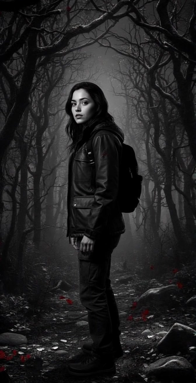Subject: A young woman standing thoughtfully on a shadowy forest path. Subject movement: She takes a slow, deliberate step forward as she gazes into the distance. Scene: A shadowy forest path lined with bare trees, faint red accents scattered on the ground and branches. Style: Dim lighting filtering through the branches, creating a mysterious atmosphere. Motion: Camera pushes in smoothly on the woman, capturing her expression, while the environment subtly shifts to enhance the feeling of an enchanting woodland.