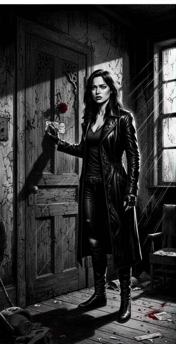 Subject: A determined woman in a long black leather coat and ripped pants. Subject movement: She slowly reaches for a red rose attached to a wooden door, her gaze focused and intense. Scene: A dimly lit, cracked room with blood stains and scattered papers on the floor, light streaming in through a window on the right. Style: Moody lighting with dramatic shadows accentuating the room's decay. Motion: The camera pushes in slowly, emphasizing the tension in the scene as it captures her delicate touch on the rose.