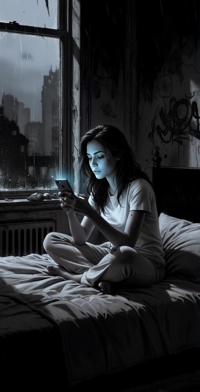 Subject: A young woman with long dark hair. Subject movement: She sits cross-legged on the bed, leaning slightly forward as she scrolls through her phone, occasionally glancing up at the rain-slicked window. Scene: Dimly lit bedroom with graffiti on the walls, large window revealing a vibrant cityscape under rainfall. Style: Soft ambient light accentuated by the warm glow of her phone screen, creating a cozy yet moody atmosphere. Motion: Camera gently pushes in from a wide shot to a close-up of her focused expression, capturing the raindrops cascading down the window as background elements blur softly.