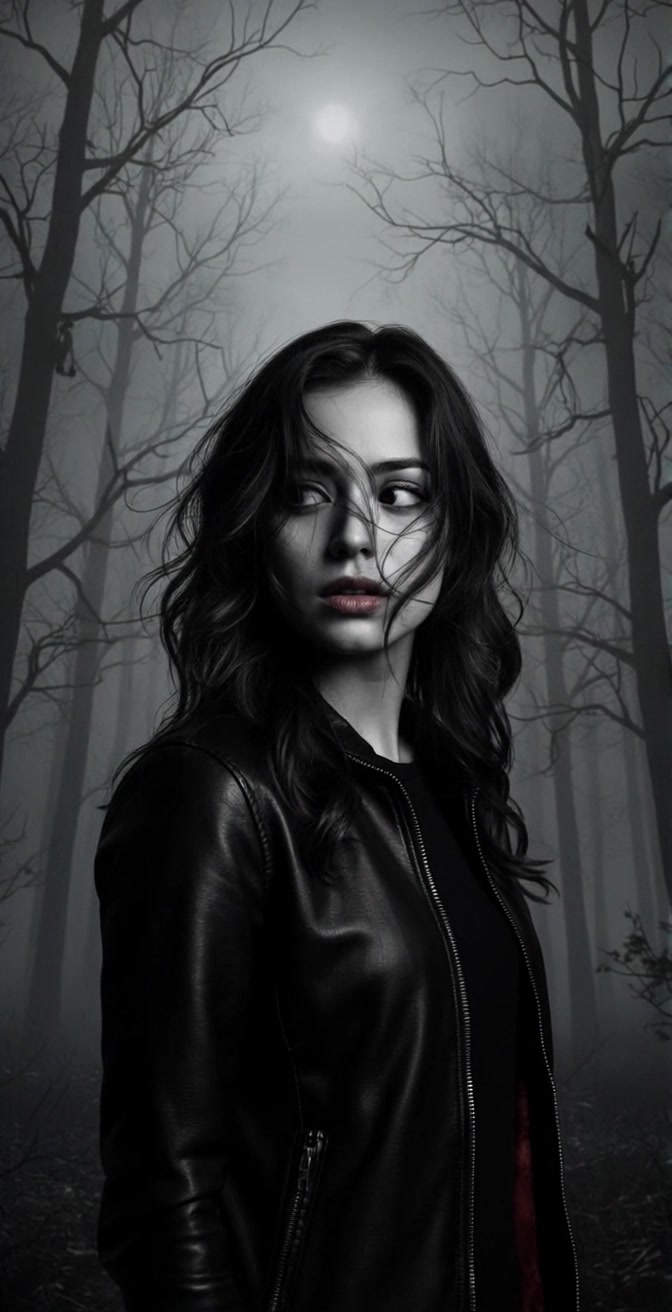 Subject: A young woman with long dark hair, dressed in a leather jacket, standing in an eerie forest. Subject movement: She turns her head slowly, gazing thoughtfully to the side. Scene: Dark, foggy forest with bare trees silhouetted against a moonlit sky. Style: Low light atmosphere with a mystical, mysterious veil of mist. Motion: The camera performs a subtle push-in, gently closing the distance while capturing the somber beauty of the scene, enhancing the feeling of isolation and contemplation.