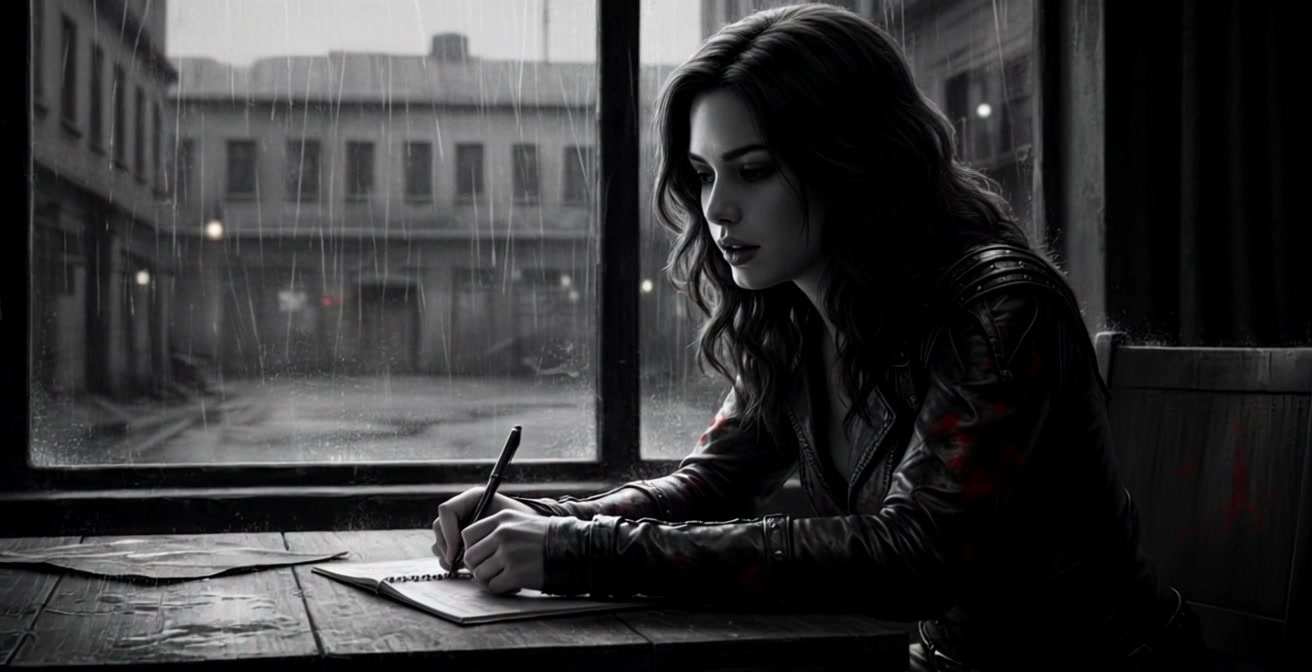 Subject: A young woman with long wavy hair in a dark leather jacket, writing in a notebook. Subject movement: She shifts slightly, adjusting her seating position while her pen glides effortlessly across the paper. Scene: A cozy, dimly lit café table beside a rain-soaked window, reflecting the gloomy urban street outside. Style: Soft, ambient lighting enhances the intimate atmosphere, with the gentle sound of rain providing a soothing backdrop. Motion: The camera pushes in slowly from the window view to capture the woman’s focused expression and the raindrops cascading down the glass, creating a sense of connection between her thoughts and the world beyond.