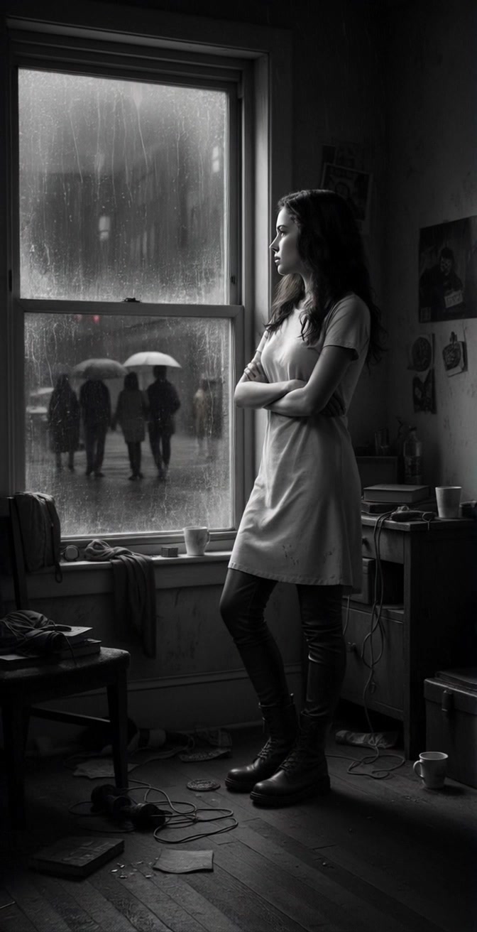 Subject: A young woman standing pensively in a dimly lit room. Subject movement: She shifts her gaze away from the window, contemplating her surroundings. Scene: Inside a cozy, shadowy room, with rain streaks blurring the view of four people walking outside with umbrellas. Style: Soft, ambient lighting enhances the intimate atmosphere, creating a peaceful yet somber mood. Motion: The camera gradually pulls back from a close-up on the woman's face to reveal her full figure against the window, the rain creating a soft backdrop as the outside world unfolds.