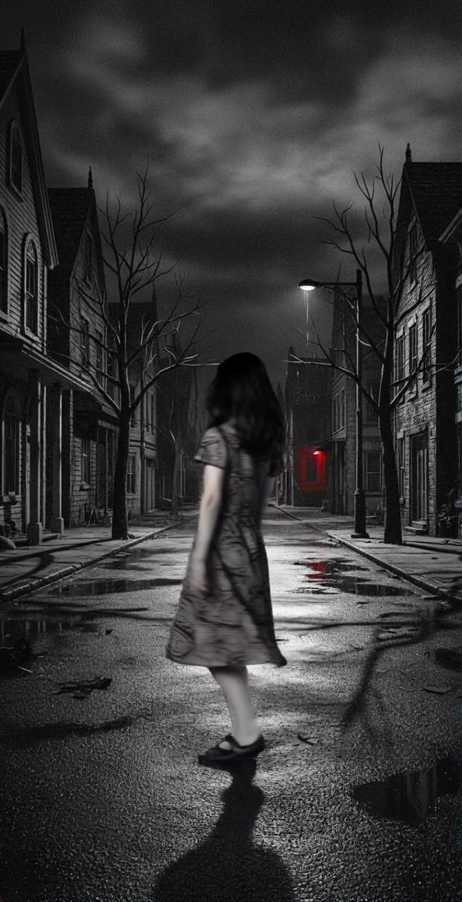 Subject: A young girl in a patterned dress. Subject movement: She twirls softly, her dress flowing around her as she spins in the eerie stillness of the night. Scene: An empty, wet street lit by a single glowing red light, surrounded by dark leafless trees and old houses. Style: Dim, moody lighting with an air of mystery. Motion: The camera gently sweeps around the girl, capturing her movement and the reflective wet pavement, creating a hauntingly beautiful atmosphere.