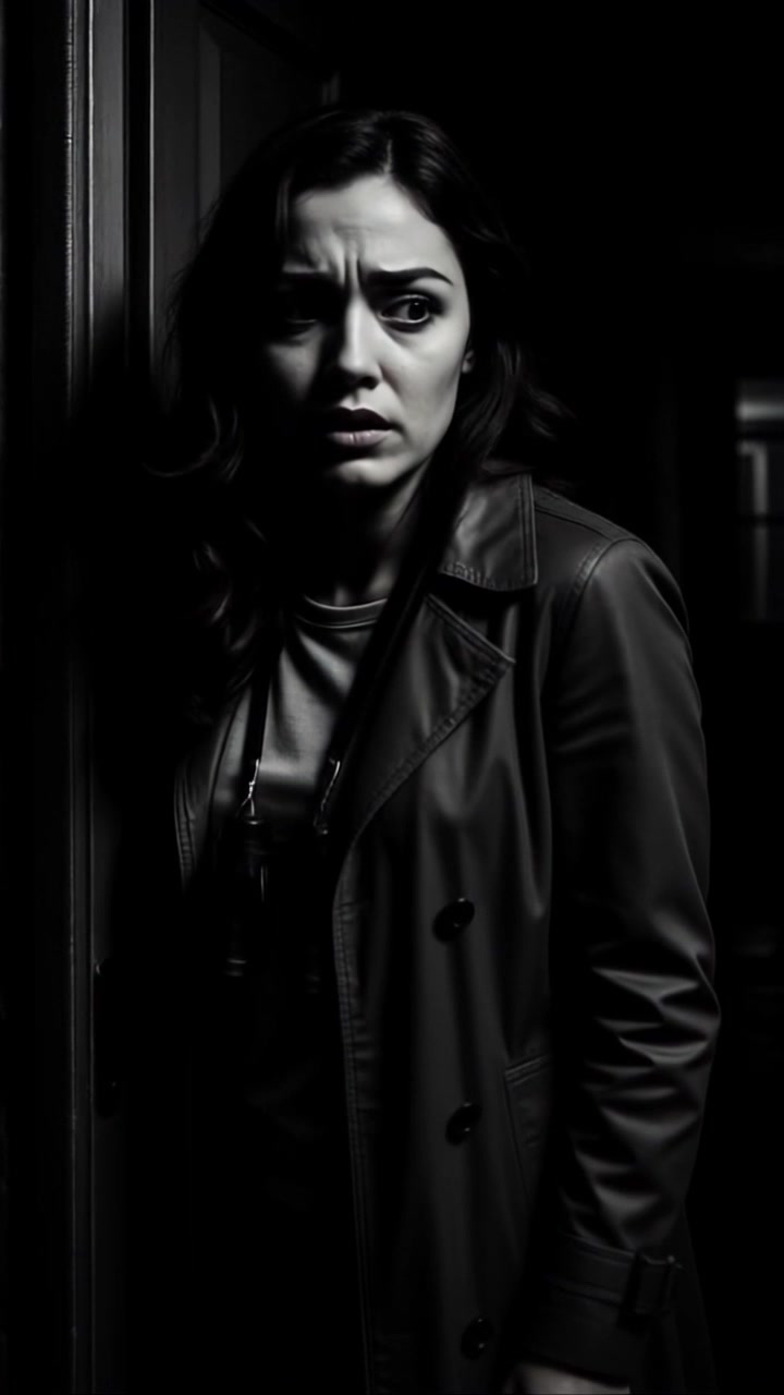 Subject: A young woman wearing a dark trench coat, standing in a dimly lit doorway. Subject movement: She shifts her weight slightly as if preparing to step outside, her expression tense and wary. Scene: The doorway is shadowy, with the majority of the background engulfed in darkness, creating a dramatic contrast. Style: Low-key lighting highlights her worried face, accentuating the tension in the atmosphere. Motion: The camera slowly pushes in on her face, capturing the nuances of her emotions as shadows play across her features, building suspense in the scene.