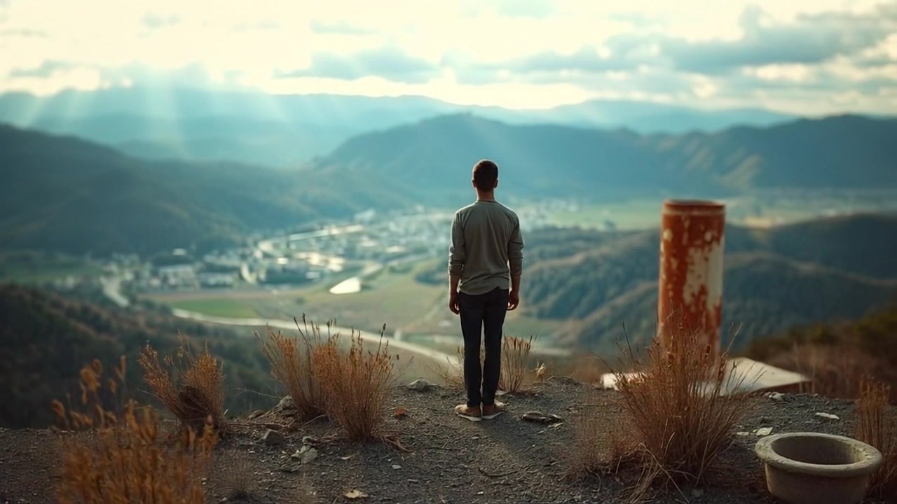 Subject: A young man in casual clothes gazing out over a valley. Subject movement: He stands still, taking in the vast landscape. Scene: Elevated rocky hilltop overlooking a sprawling valley dotted with roadways and buildings, framed by distant mountains beneath a dynamic cloudy sky. Style: Soft, diffused light with sunrays breaking through the clouds creating a hopeful atmosphere. Motion: A dramatic panning shot that sweeps from the mountains to the young man, capturing the interplay of light and shadow across the valley.