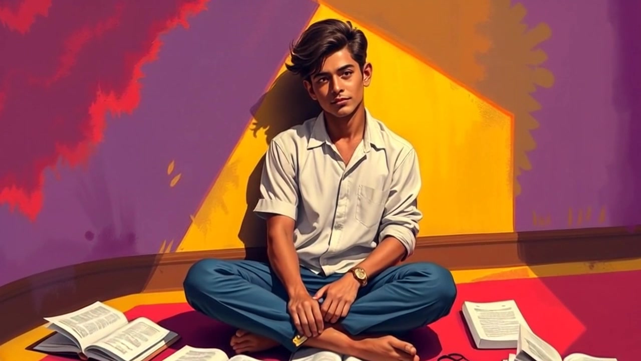 Scene: A serene study environment with Arjun sitting crossed-legged on the floor, surrounded by open books and notes, lost in thought. Style: Soft, ambient lighting creates a cozy atmosphere with warm tones. Motion: The camera slowly pushes in, capturing the details of the surrounding notes and books, then gently tilts to focus on Arjun's contemplative expression.