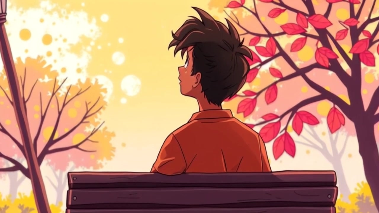 Scene: A tranquil park setting with lush greenery and colorful flowers, where a figure is seated on a wooden bench, seemingly lost in thought while looking up at the expansive sky. Style: Soft, diffused daylight creating a warm, inviting atmosphere. Motion: The camera gently pushes in toward the figure on the bench, capturing subtle movements like a gentle breeze rustling through the leaves, before pulling back to reveal the serene surroundings.
