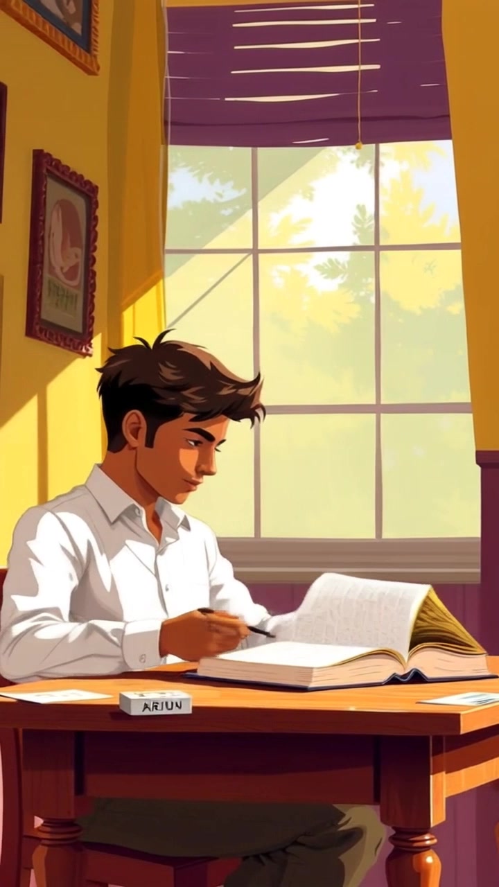 Subject: A focused student studying at a wooden desk. Subject movement: The student occasionally shifts his position, flipping through notes and adjusting his posture. Scene: A sunlit study environment with a wooden desk and warm, inviting light streaming in through the window. Style: Bright morning light illuminating the room, casting soft shadows. Motion: The camera smoothly pans around the student, capturing the details of the desk and books, while highlighting the gentle movements as he engages with his study materials.