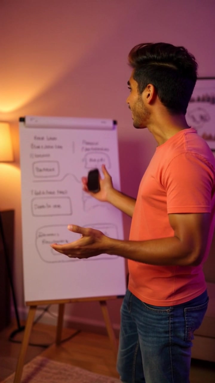Subject: A person looking excited. Subject movement: The person gestures animatedly in front of a whiteboard filled with notes and diagrams. Scene: A conference room with a large whiteboard covered in colorful diagrams and notes. Style: Bright, overhead lighting creating an energetic atmosphere. Motion: The camera smoothly pans in from the side, capturing the excitement in the person's expression as they engage with the audience.