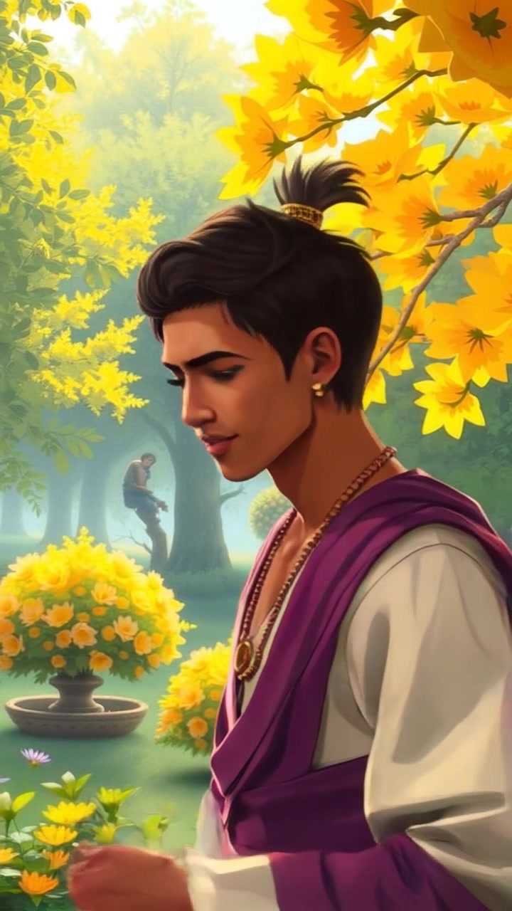 Subject: A figure standing in a serene garden. Subject movement: Arjun gestures animatedly while speaking to an unseen audience, his body language expressive and engaging. Scene: A lush garden filled with vibrant flowers and towering trees, creating a tranquil setting. Style: Bright, natural lighting accentuating the greenery, with soft shadows playing on the ground. Motion: The camera subtly moves around Arjun, capturing his movements and facial expressions as the flora sways gently in the breeze.
