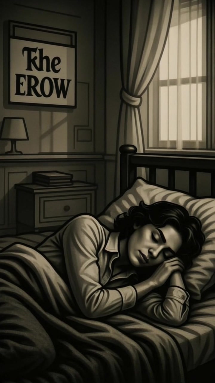 Scene: A serene bedroom setting featuring a woman with dark hair sleeping peacefully in bed, surrounded by a softly illuminated nightstand, books, and a lamp. Style: Soft ambient lighting filtering through the curtains, casting gentle shadows across the room. Motion: The camera slowly lowers and gently zooms in on the woman, capturing the calm atmosphere as her peaceful breathing softly disrupts the stillness.