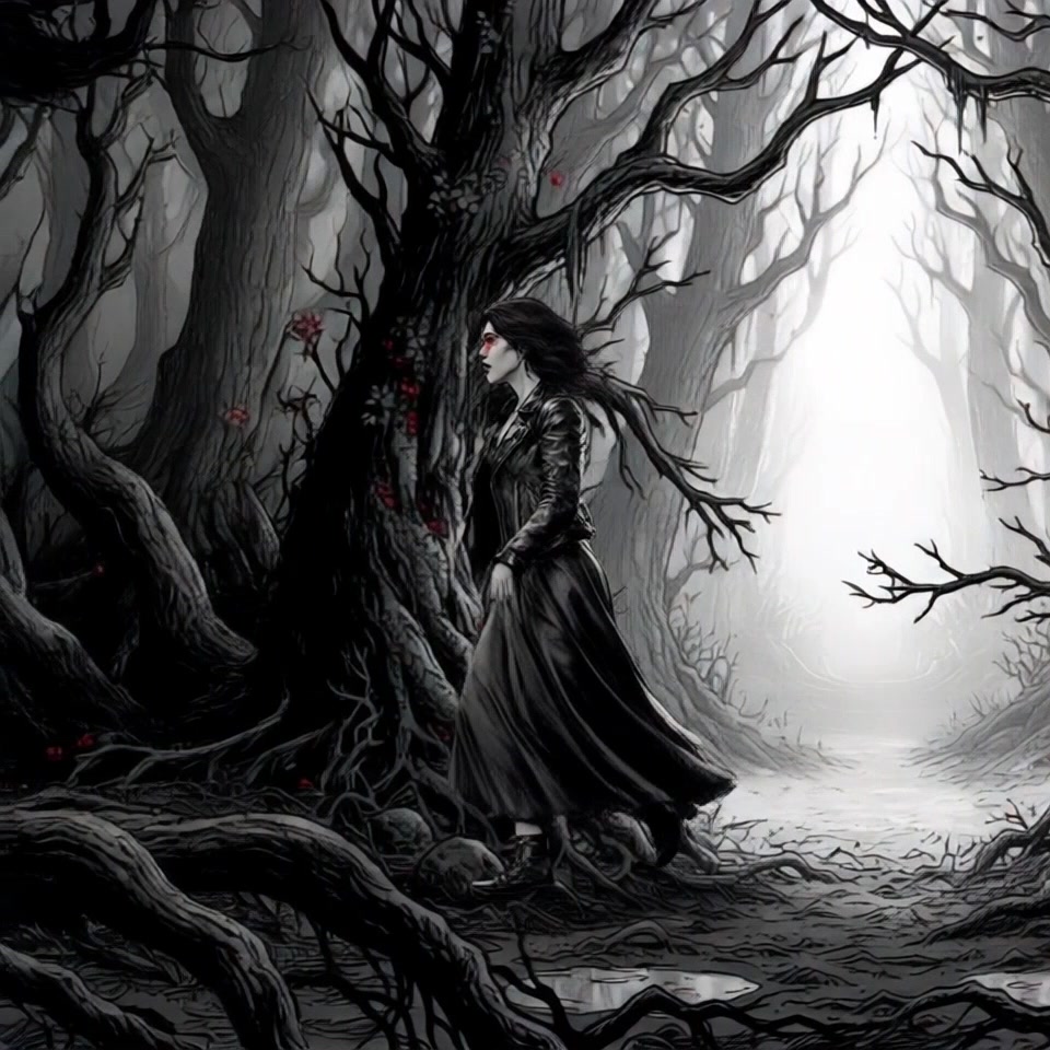 Subject: A dark-haired woman in a black leather jacket and long skirt. Subject movement: She walks cautiously through a creepy forest filled with twisted, leafless trees and ominous red berries. Scene: A foreboding forest landscape, predominantly in black and white, highlighted by eerie red eyes peering from the shadows. Style: Dim, moody lighting that creates an unsettling atmosphere. Motion: The camera follows her with a dramatic, gliding panning shot, capturing her hesitant steps as she moves deeper into the haunting woods.
