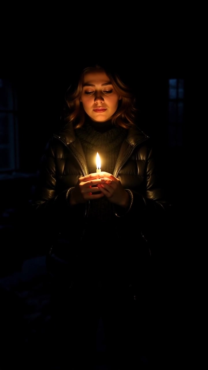 Subject: A person named Laila, standing still, holding a lit candle. Scene: A dimly lit room, shadows dancing on the walls as the candle's flame flickers. Lighting: Moody and atmospheric with the warm glow of the candle creating soft contrasts. Motion: The camera slowly pushes in on Laila, capturing the gentle sway of her body in response to the flickering light, while the shadows stretch and shift across the walls.