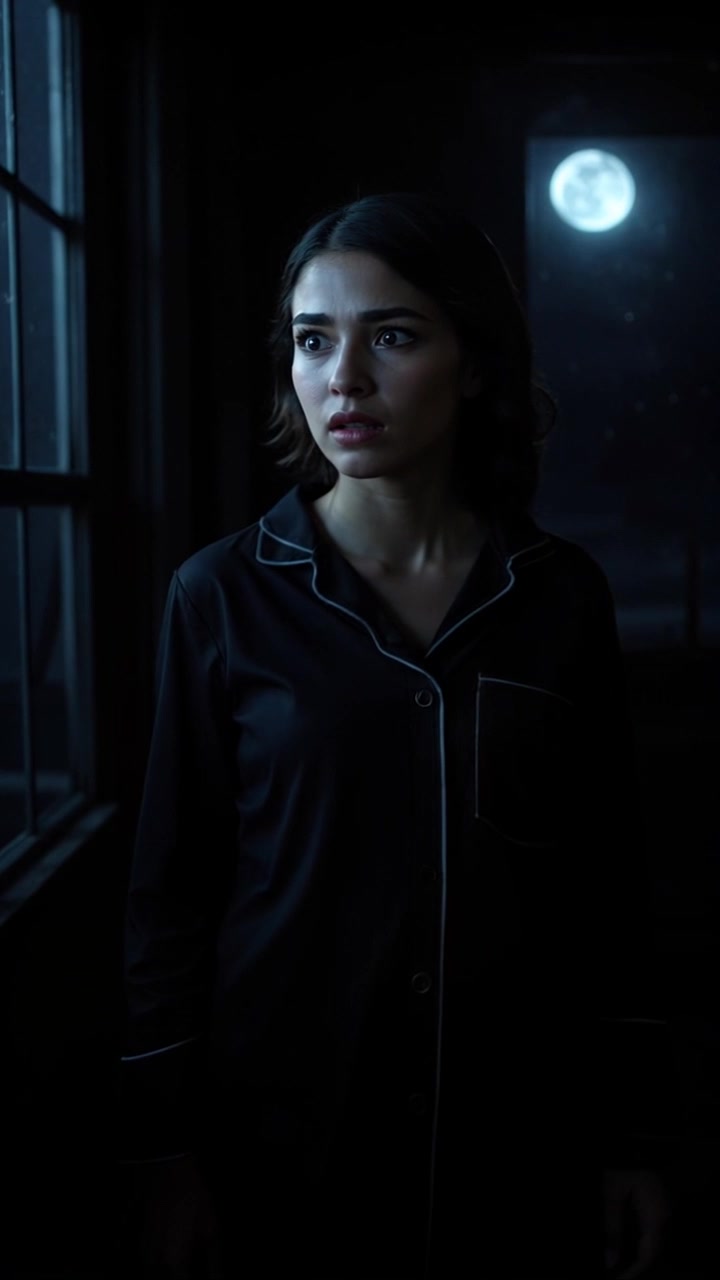 Subject: A young woman with wide, frightened eyes. Scene: A close-up shot capturing her expression as she gazes anxiously towards a window, illuminating her face with soft, diffused light. Motion: The camera slowly pushes in on her face, emphasizing the intensity of her emotion, while the background subtly blurs out, enhancing the feeling of urgency and tension.