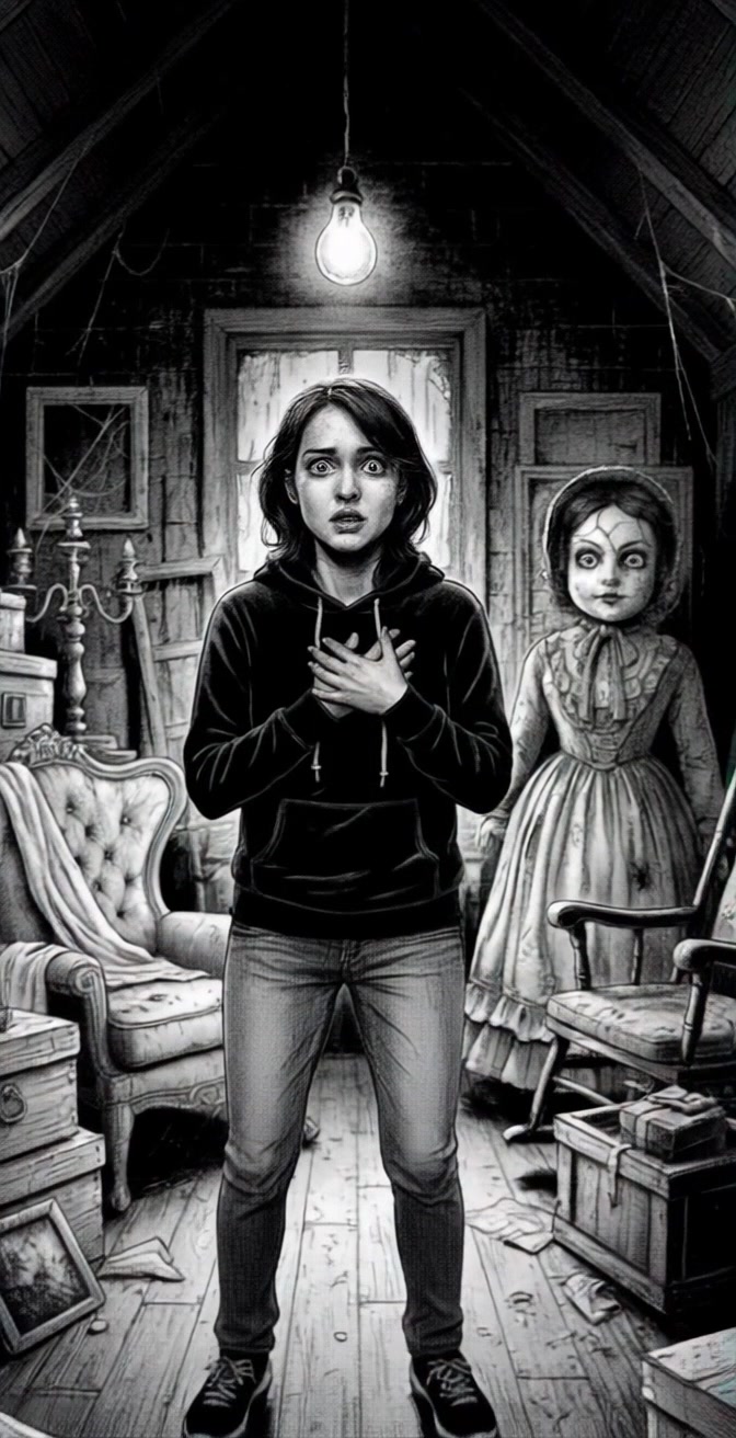 Subject: A young woman with a frightened expression, clutching her chest. Subject movement: She takes a hesitant step back, eyes wide with fear as she notices the eerie doll behind her. Scene: A dimly lit, cluttered attic filled with old furniture, boxes, and cobwebs, illuminated by a single hanging light bulb. Style: Atmospheric, low-key lighting creating deep shadows and highlighting the doll's unsettling presence. Motion: Camera slowly pushes in, drawing closer to the woman as she instinctively recoils, while the dim surroundings enhance the tension of the scene.