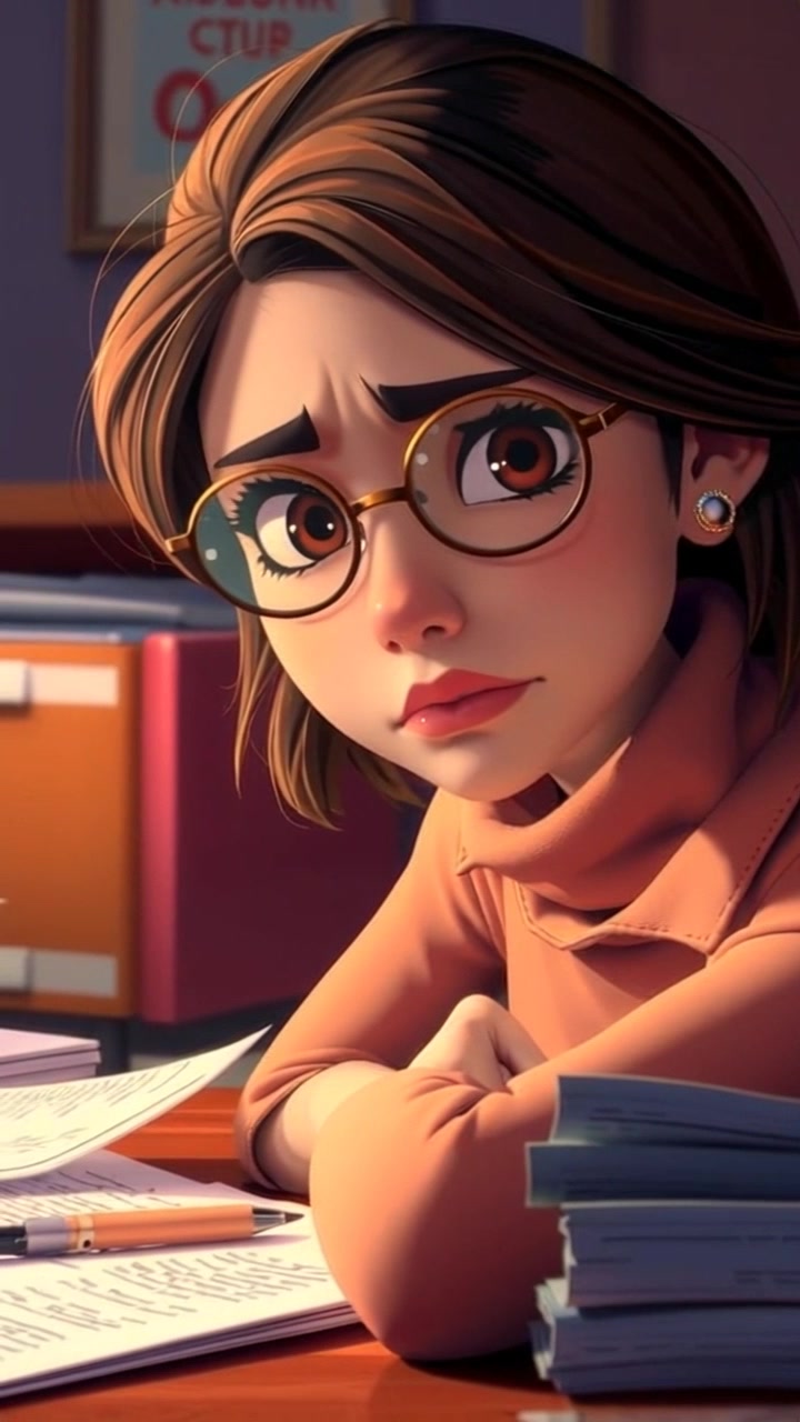 Subject: A young woman named Laila, exhibiting frustration as she gazes at a chaotic desk filled with scattered papers. Scene: A close-up shot of Laila surrounded by clutter, the desk bathed in warm, soft lighting that highlights her expression. Motion: Camera pushes in slowly to capture the depth of her frustration, with a slight tilt to emphasize the disarray of the papers.