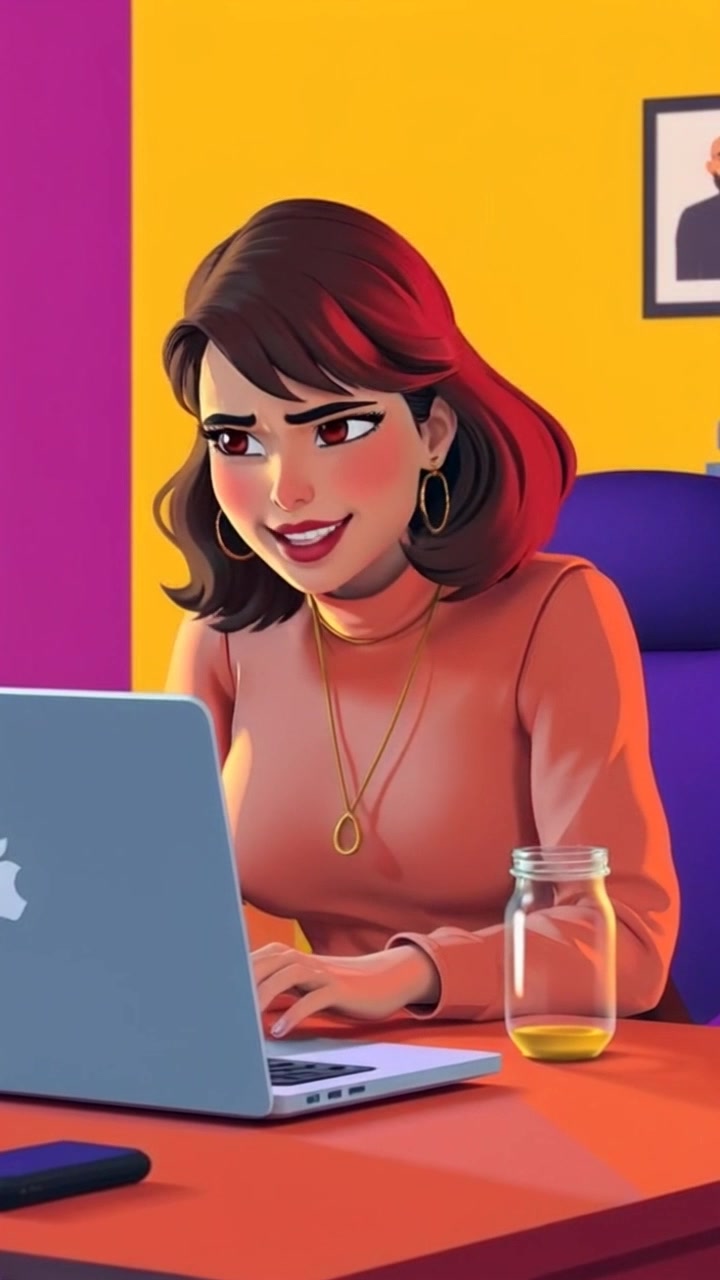 Scene: An enthusiastic person sitting at a desk during a video chat, laptop open and glowing with a bright screen. Style: Warm, inviting indoor lighting creating a cozy atmosphere, with soft shadows highlighting facial expressions. Motion: Camera slowly dolly in towards the subject, capturing expressions of excitement and engagement as they interact with the video call.