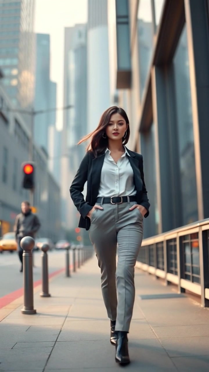 Subject: A young woman in business attire. Subject movement: She walks confidently down the bustling city sidewalk, hands in her pockets. Scene: Urban landscape featuring sleek buildings and a red traffic light in the background. Style: Bright, dynamic daylight accentuating the city's vibrancy. Motion: Camera follows her with a smooth, tracking shot, capturing the energy of the city as she strides forward.