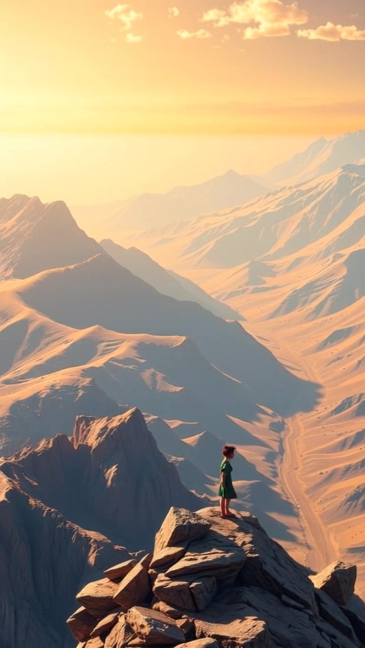 Subject: A figure standing on a mountain edge, looking out over a vast landscape of valleys and mountains. Subject movement: The figure turns slightly to the left, taking in the breathtaking view while the wind flows gently through their hair. Scene: A dramatic mountain setting, with rolling valleys and distant peaks stretching towards the horizon. Style: Bright morning light illuminating the scene with soft shadows, creating a sense of tranquility. Motion: The camera begins with a stable wide shot, then smoothly pushes in on the figure as they turn, highlighting their contemplative posture against the expansive backdrop.