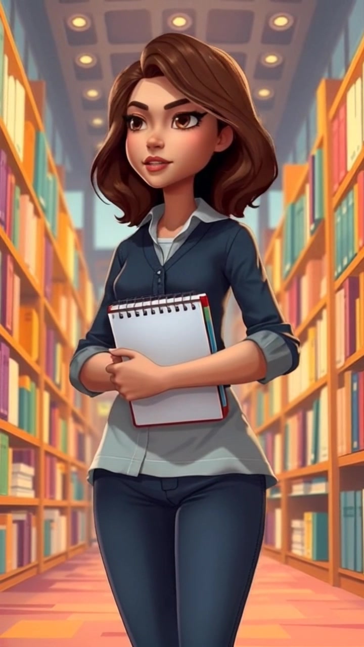 Subject: A young woman standing confidently in a library, holding a notebook. Scene: Surrounded by towering bookshelves filled with books, warm wooden shelves and cozy reading nooks. Motion: Slowly push in with a handheld camera, capturing her focused expression as her gaze shifts between the books and notes, softly illuminated by ambient library light, creating an inviting and studious atmosphere.