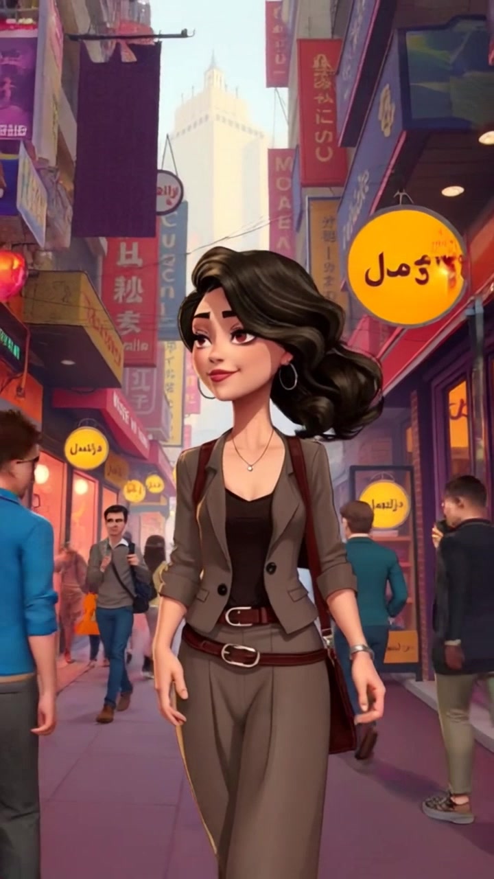Subject: A person walking confidently through a busy city street. Subject movement: Laila strides forward, weaving through the crowd of shoppers and pedestrians. Scene: A vibrant city street bustling with activity, shops lining either side, people engaged in conversation and shopping. Style: Bright, midday sunlight illuminating the scene with lively colors, creating an energetic atmosphere. Motion: The camera follows Laila from a mid-range perspective, panning to capture the bustling environment around her, while pedestrians and storefronts blur by in a dynamic, fluid motion.