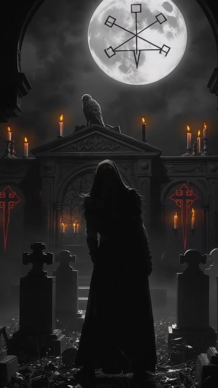 Scene: A dark, eerie graveyard illuminated by a glowing full moon, featuring a hooded figure standing among ancient tombstones, candles flickering on a nearby mausoleum, and an owl perched above. Style: Mysterious, with sharp contrasts and deep shadows accentuating the night atmosphere. Motion: The camera glides slowly around the graveyard, creating a dramatic panning view as the wind stirs the leaves and the flickering candlelight casts ghostly shapes on the ground.