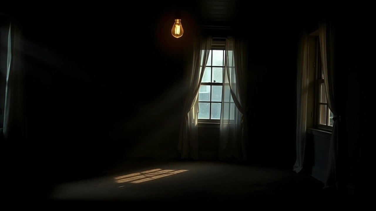 Scene: A dark, empty room with three windows partially covered by sheer white curtains, dimly lit by a single hanging light bulb, with daylight streaming through the openings. Style: Soft, diffused lighting enhances the ethereal atmosphere, creating a serene and contemplative mood. Motion: Camera slowly glides through the room, revealing the interplay of shadows and light as the curtains gently shift in a faint breeze.